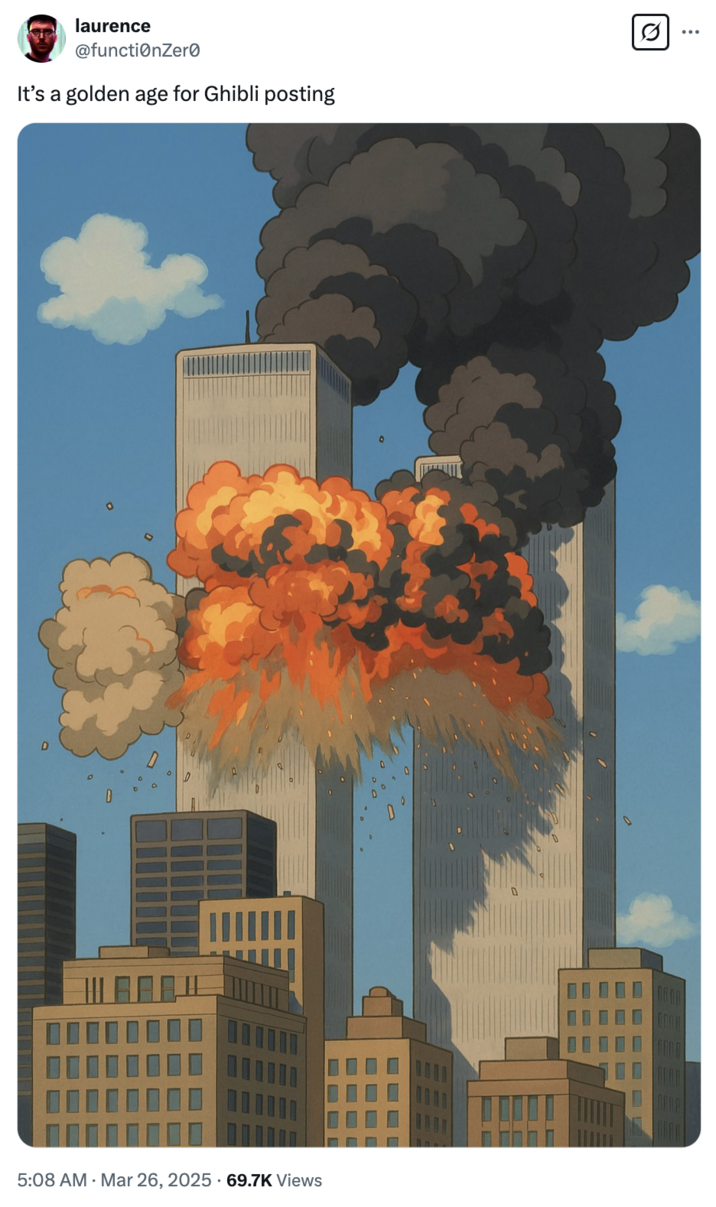 This meme is a humorous take on the 9/11 terrorist attacks, which are often referred to as a "golden age" of internet culture. The image is a satirical representation of the 9/11 attacks, with a cartoonish depiction of the World Trade Center towers exploding, surrounded by a caption that reads "It's a golden age for Ghibli posting".